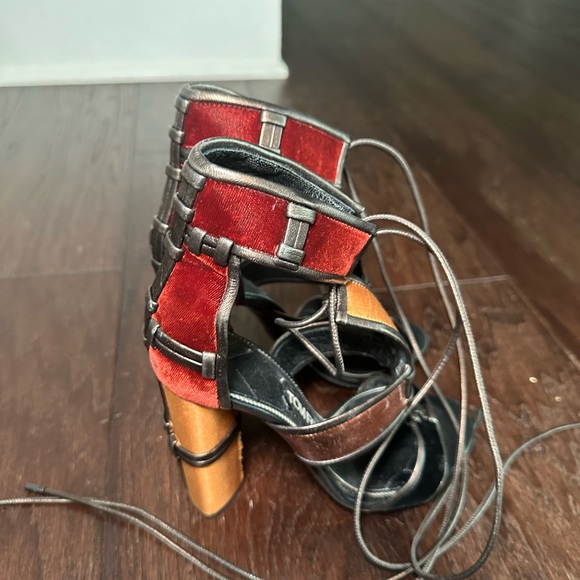 Tom Ford Multicolor Velvet and Leather Panelled Patchwork Ankle Strap Sandals - Picture 2 of 5